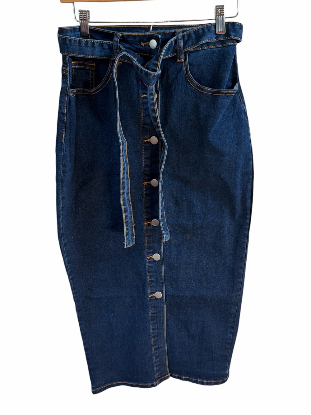 SHEIN Sky Dark Blue High-Rise Button-Front Denim Skirt with Tie Waist Medium NWT